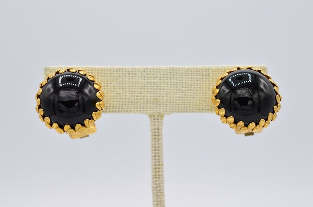 Vintage Cabochon Clip Earrings Chunky Black Caged Gold Tone 1980s BinAE